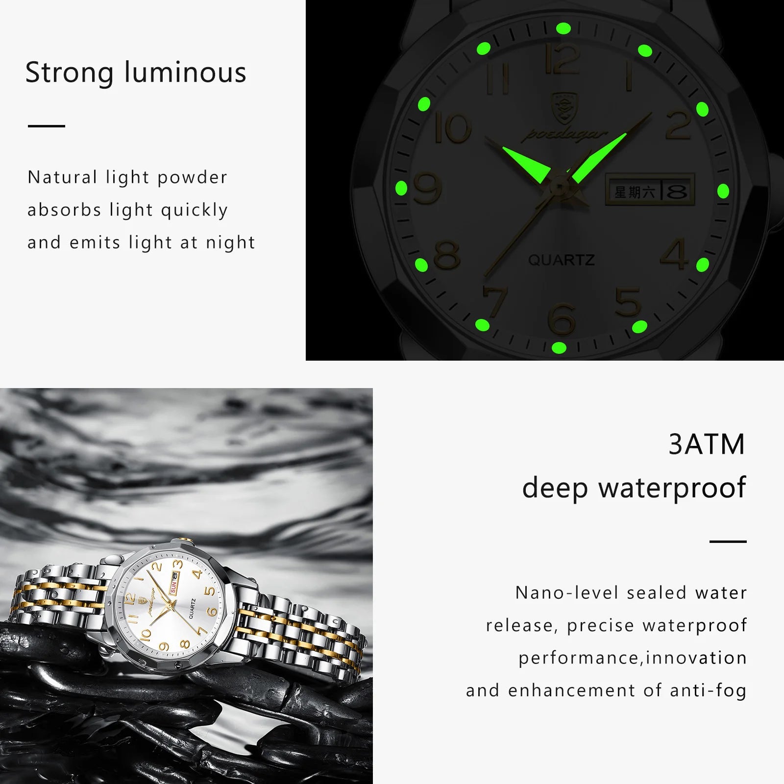 Elegant Ladies Watches Waterproof Luminous Date Week Watch for Woman High Quality Stainless Steel Quartz Women'S Watch