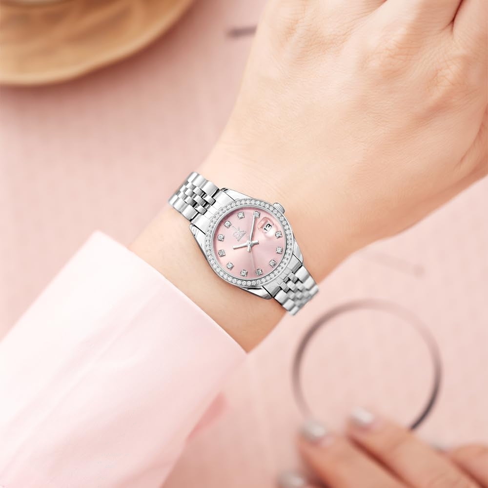 Women’S Crystal Accented Calendar Watch | Solid Alloy Steel Band, Elegant Dress Quartz Watches for Women