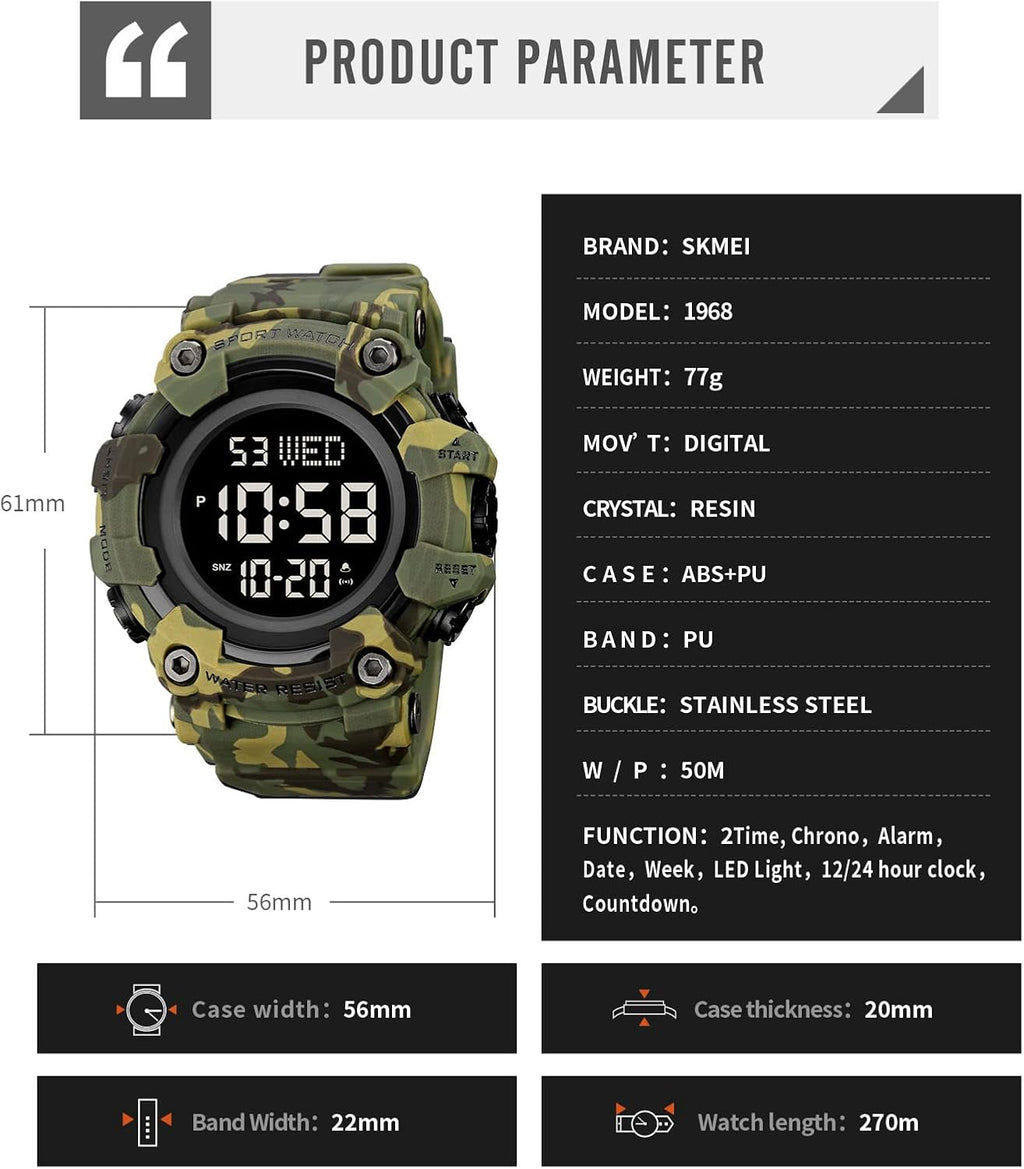 Men Sport Watch Countdown Stopwatch Watch Mens Wrist Watch Waterproof LED Electronic Digital Male Watch 12/24 Hour Multifunctional Watch