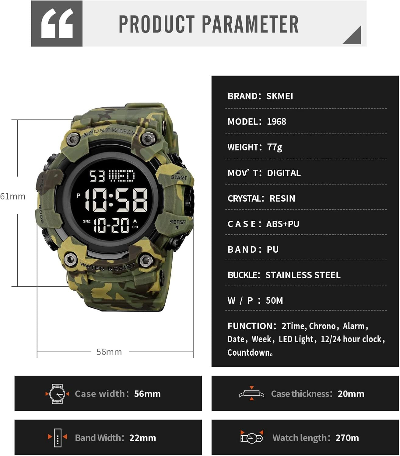 Men Sport Watch Countdown Stopwatch Watch Mens Wrist Watch Waterproof LED Electronic Digital Male Watch 12/24 Hour Multifunctional Watch
