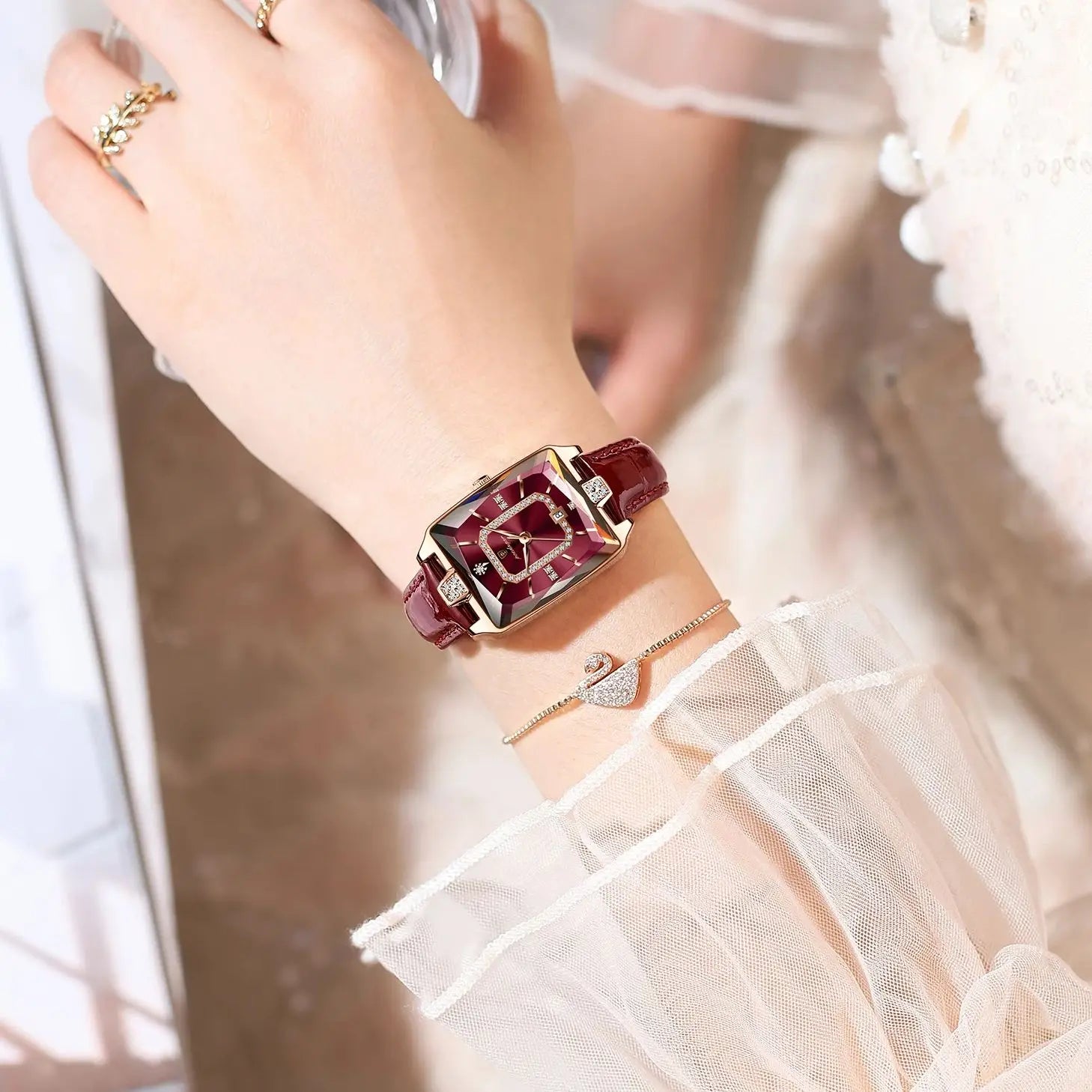 Luxury Brand Women'S Watches Waterproof Leather Date Diamond Woman Watch Elegant Fashion Women Quartz Wristwatch Reloj
