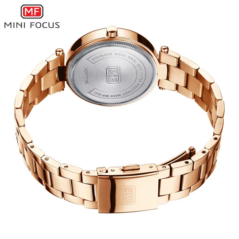 MINI FOCUS Stainless Steel Strap Watches for Women Waterproof Luxury Dress Quartz Wrist Watch Woman Lady Coffee Brown MF0189L