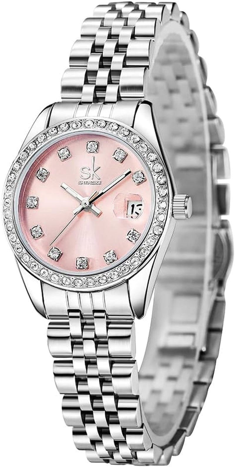 Women’S Crystal Accented Calendar Watch | Solid Alloy Steel Band, Elegant Dress Quartz Watches for Women