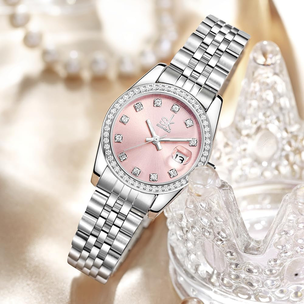 Women’S Crystal Accented Calendar Watch | Solid Alloy Steel Band, Elegant Dress Quartz Watches for Women