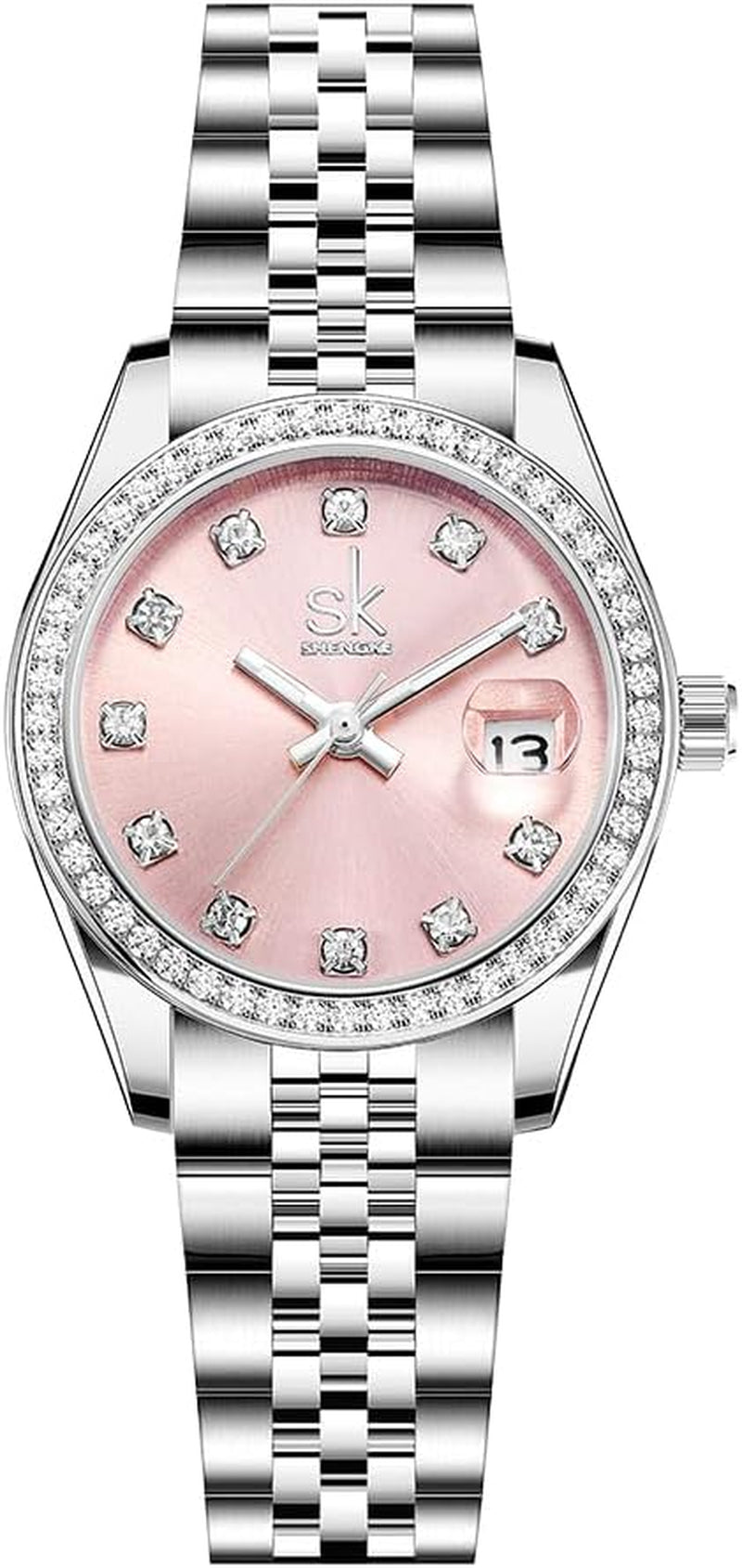 Women’S Crystal Accented Calendar Watch | Solid Alloy Steel Band, Elegant Dress Quartz Watches for Women