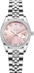 Women’S Crystal Accented Calendar Watch | Solid Alloy Steel Band, Elegant Dress Quartz Watches for Women