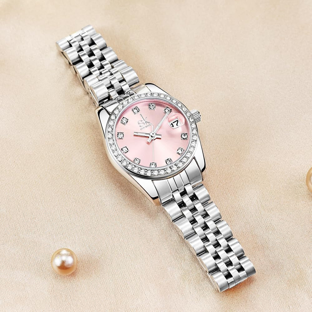 Women’S Crystal Accented Calendar Watch | Solid Alloy Steel Band, Elegant Dress Quartz Watches for Women