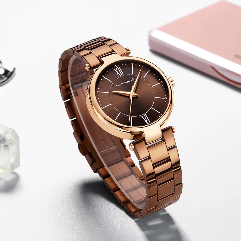 MINI FOCUS Stainless Steel Strap Watches for Women Waterproof Luxury Dress Quartz Wrist Watch Woman Lady Coffee Brown MF0189L