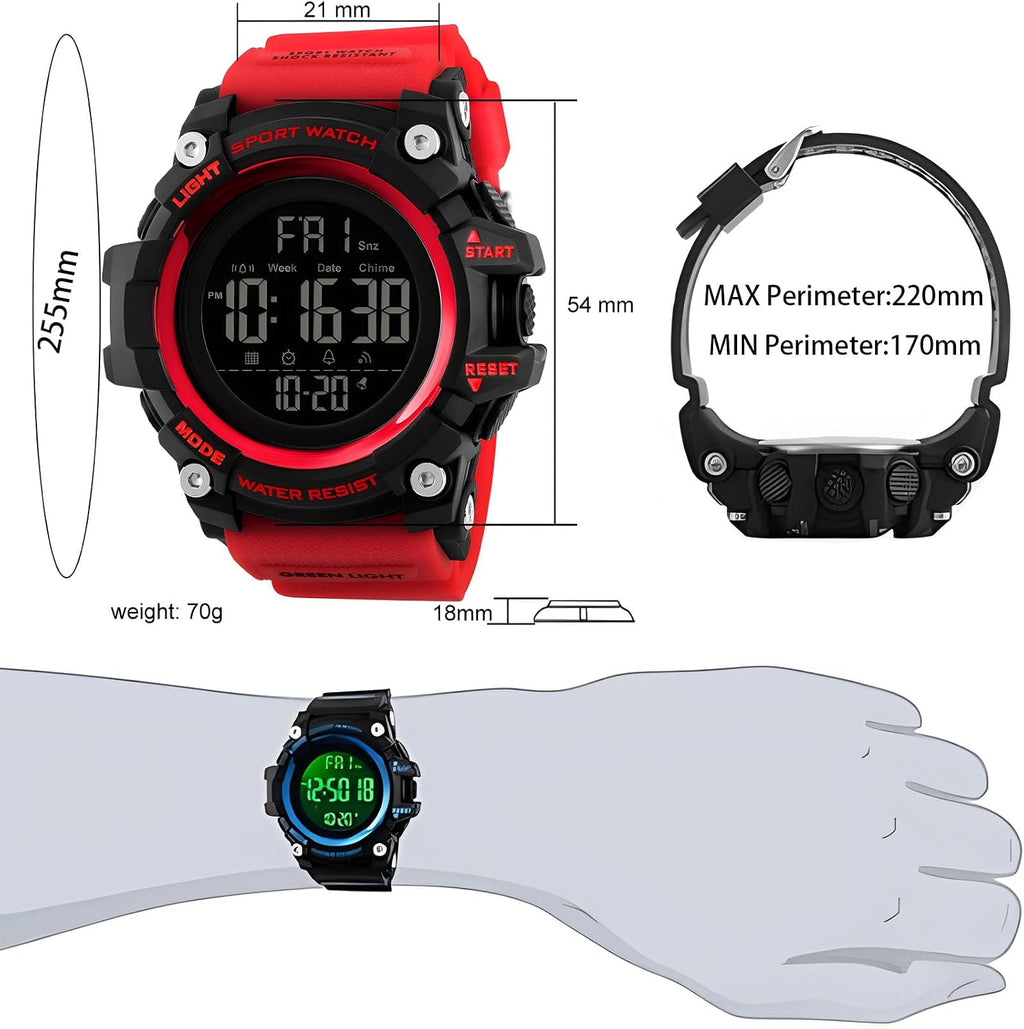 Men Sport Watch Countdown Stopwatch Watch Mens Wrist Watch Waterproof LED Electronic Digital Male Watch 12/24 Hour Multifunctional Watch