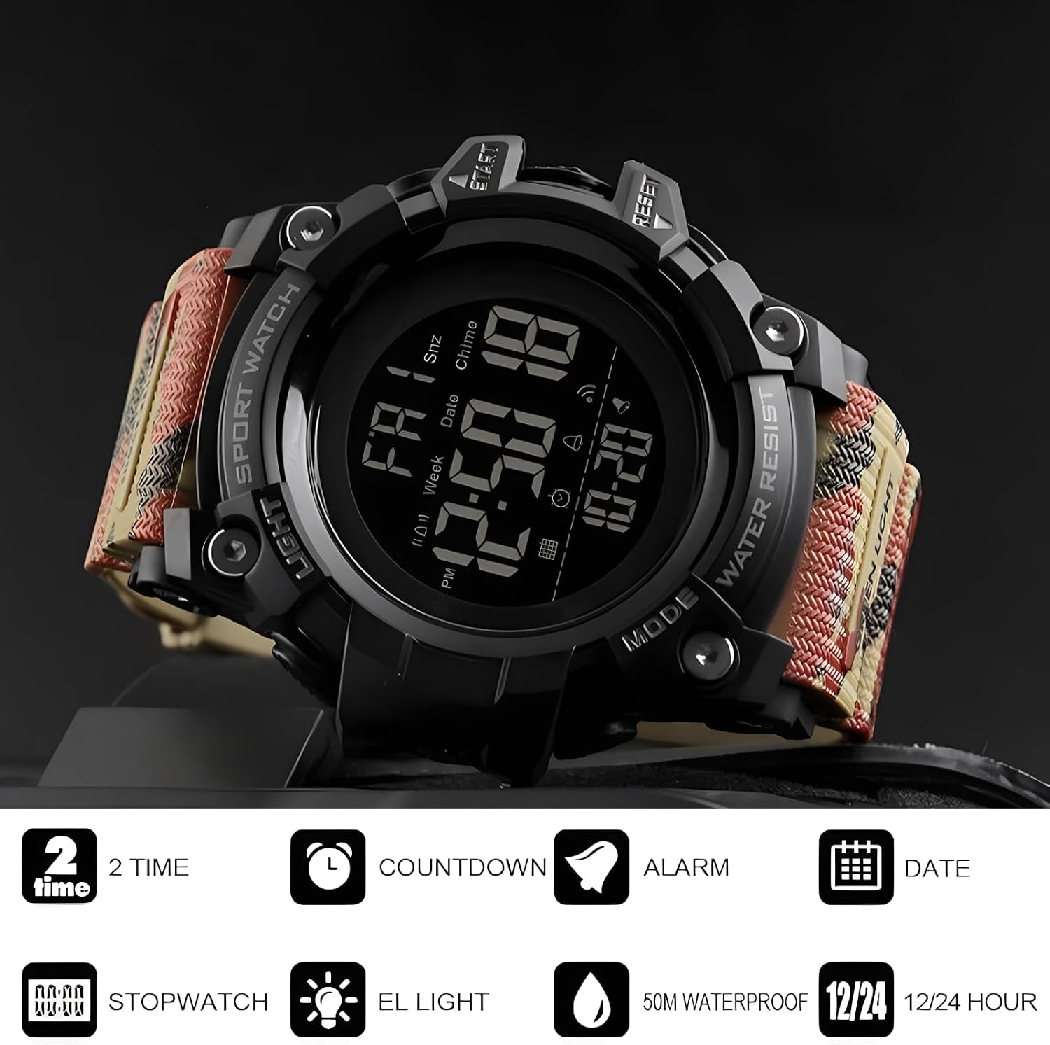 Men Sport Watch Countdown Stopwatch Watch Mens Wrist Watch Waterproof LED Electronic Digital Male Watch 12/24 Hour Multifunctional Watch