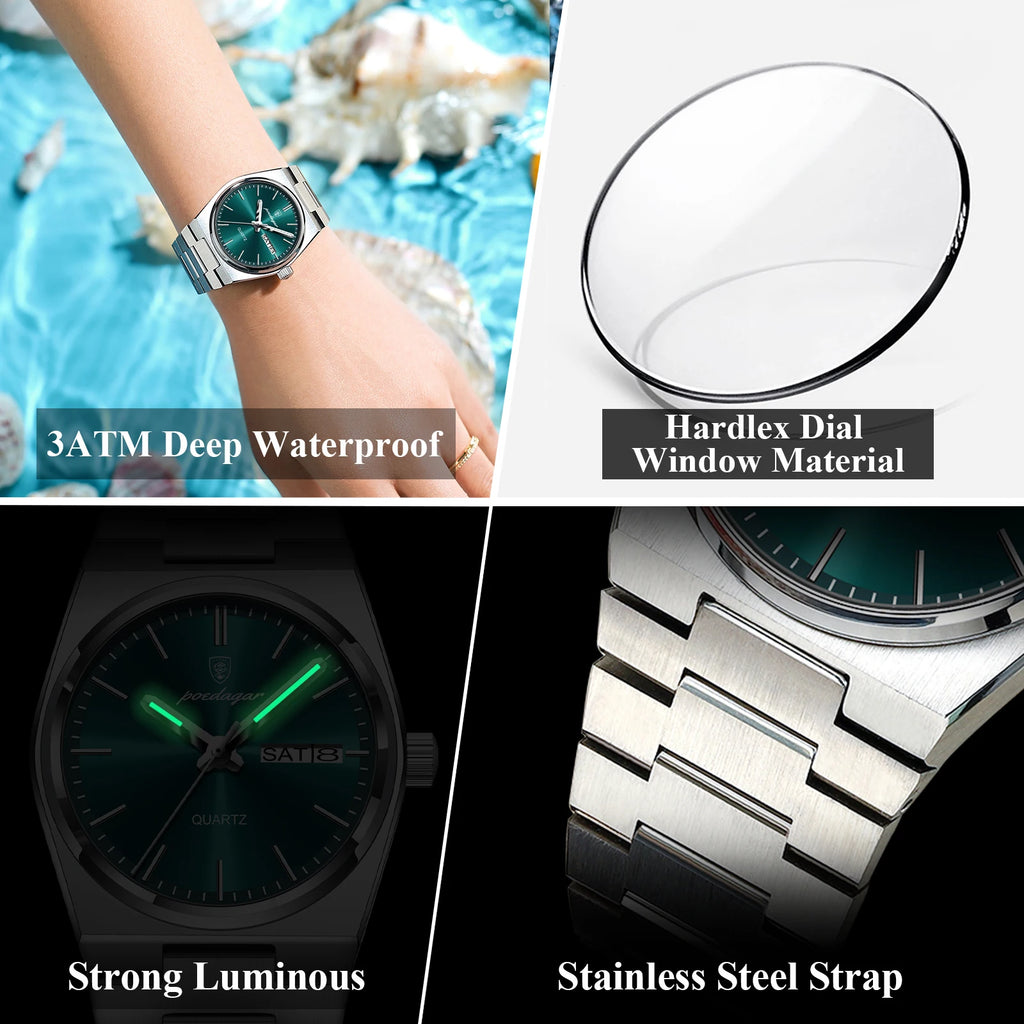 Top Luxury Woman Quartz Watch Waterproof Luminous Date Week Ladies Watch Stainless Steel Casual Elegant Women’S Watches